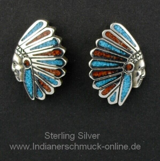 Indianhead Ohrstecker T�rkis Koralle Indianerschmuck