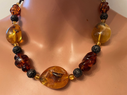 Natur Bernstein Collier bunt mit Leder