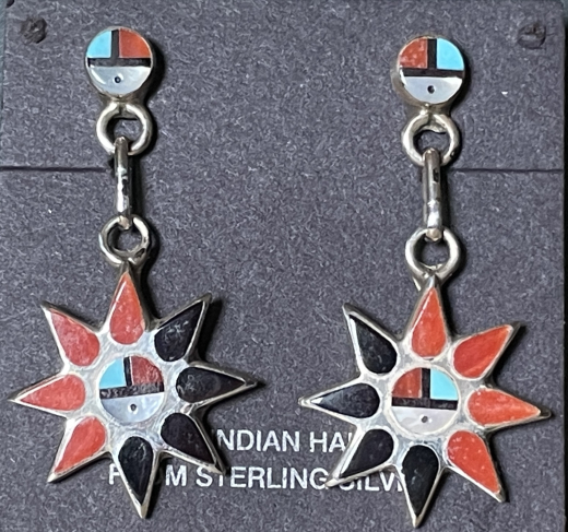 Sunface Sonnengesicht Ohrh�nger Koralle Jet Zuni Handarbeit