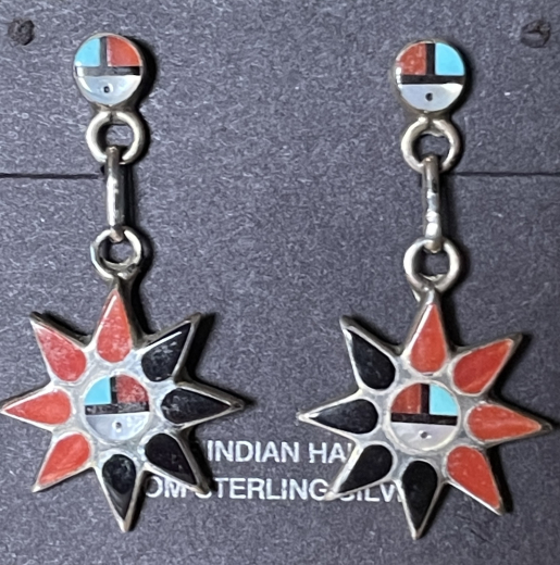 Sunface Sonnengesicht Ohrh�nger Koralle Jet Zuni Handarbeit