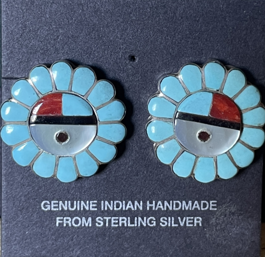 Sunface Sun God T�rkis Inlay Ohrstecker Zuni Handarbeit