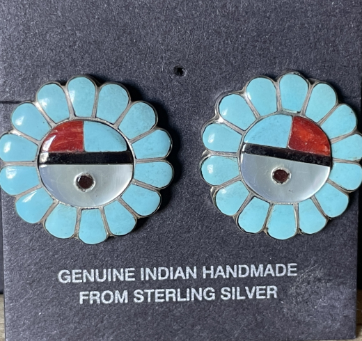 Sunface Sun God T�rkis Inlay Ohrstecker Zuni Handarbeit