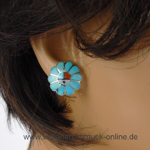 Sunface Ohrring in T�rkis Zuni Indianerschmuck
